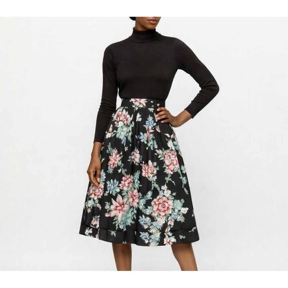 Vintage Dark Floral Midi Skirt – Full Pleated Cottagecore
